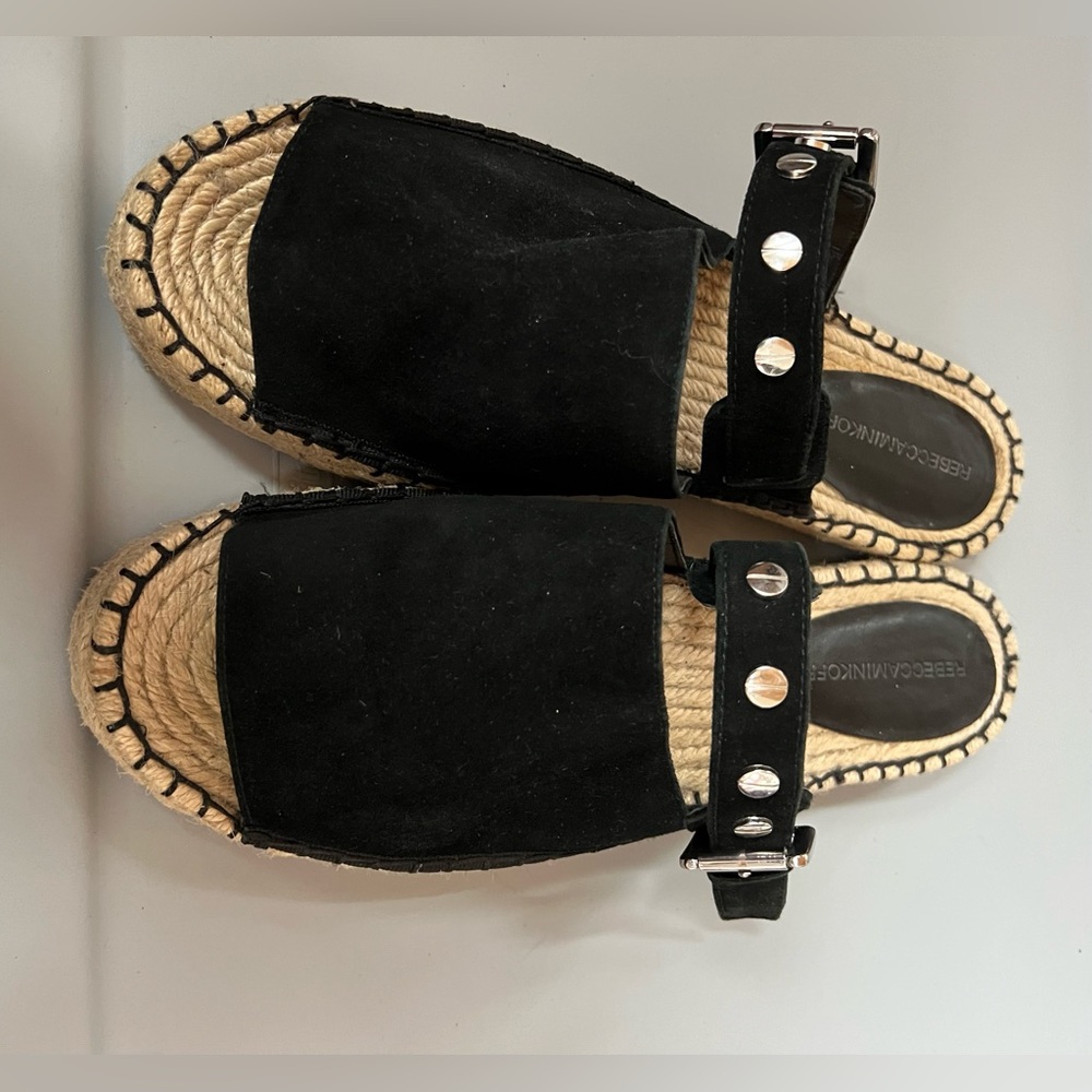 10 REBECCA MINKOFF Black Suede designer Espadrille Slides chrome stud accents